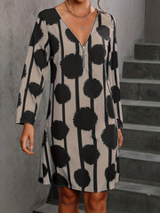 Abstract Print Zipper Dress Long Sleeve Casual Dress
