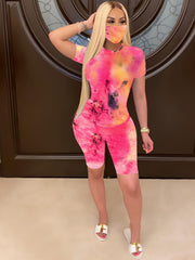 Tie Dye Workout Two Piece Set Crew Neck T shirt & Shorts Set