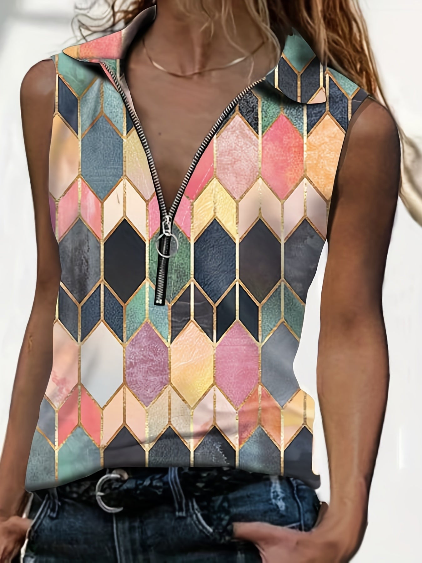Geo Pattern Collar Tank Top Zip Up Casual Top For Summer