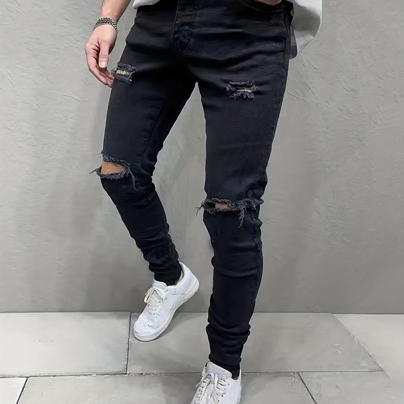 Men's Slim Fit Ripped Denim Jeans Vintage Hip Hop Style Pants