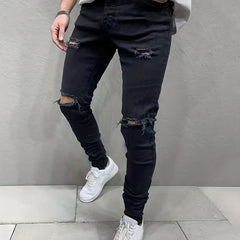 Men's Slim Fit Ripped Denim Jeans Vintage Hip Hop Style Pants