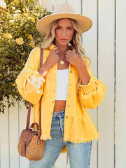 Yellow Ripped Holes Denim Jacket Long Sleeves Fringe Trim Distressed Denim Coat