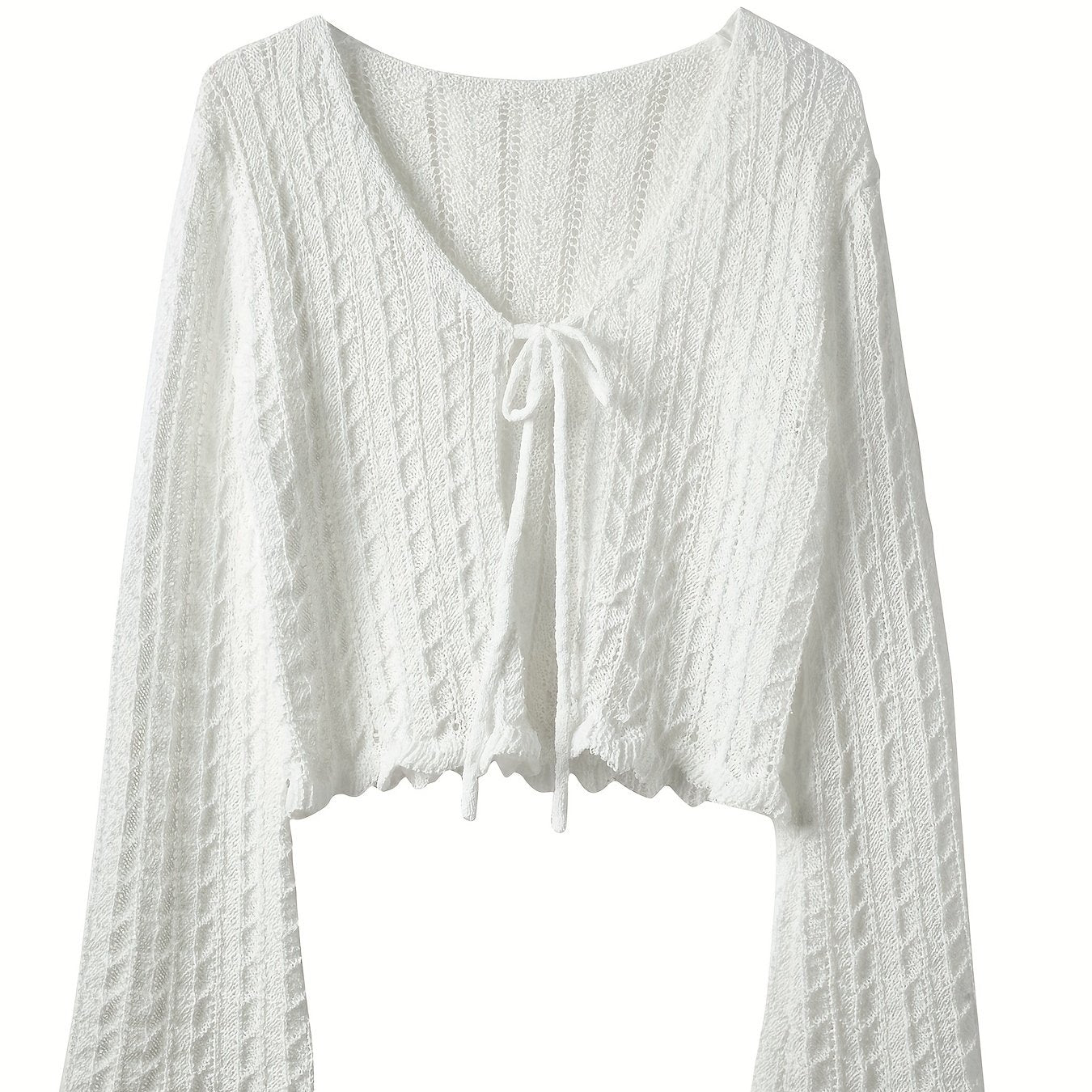 Tie Front Knit Cardigan Scallop Trim Flared Sleeve Sweater
