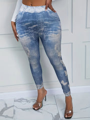 Denim & Floral Print Stretchy Leggings