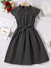 Girls Lace Princess Dress Frill Trim Neck Party Beach Vacation Summer Cloth