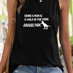 Dino & Letter Print Sleeveless Sports Vest Round Neck Casual Tops