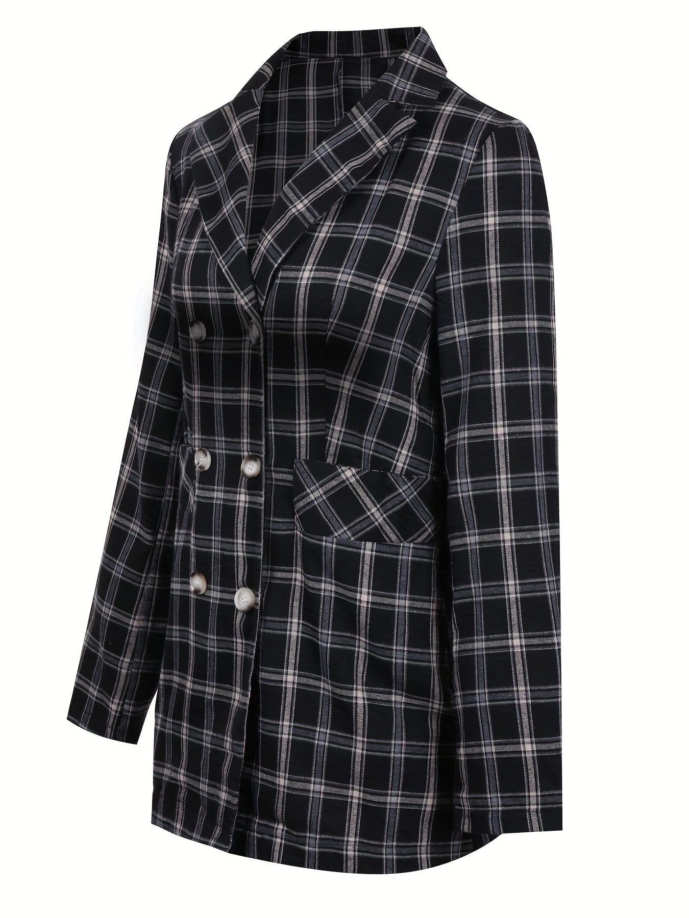 Plaid Double Breasted Lapel Neck Blazer Long Sleeve Casual Blazer