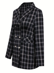 Plaid Double Breasted Lapel Neck Blazer Long Sleeve Casual Blazer
