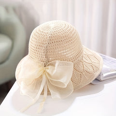 Bow Decor Bucket Hat Hollow Crochet Breathable Basin Hat Sun Hat