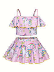 Girls Unicorn Bikini Set Off Shoulder Strappy Bikini Top Skirt Swimwear