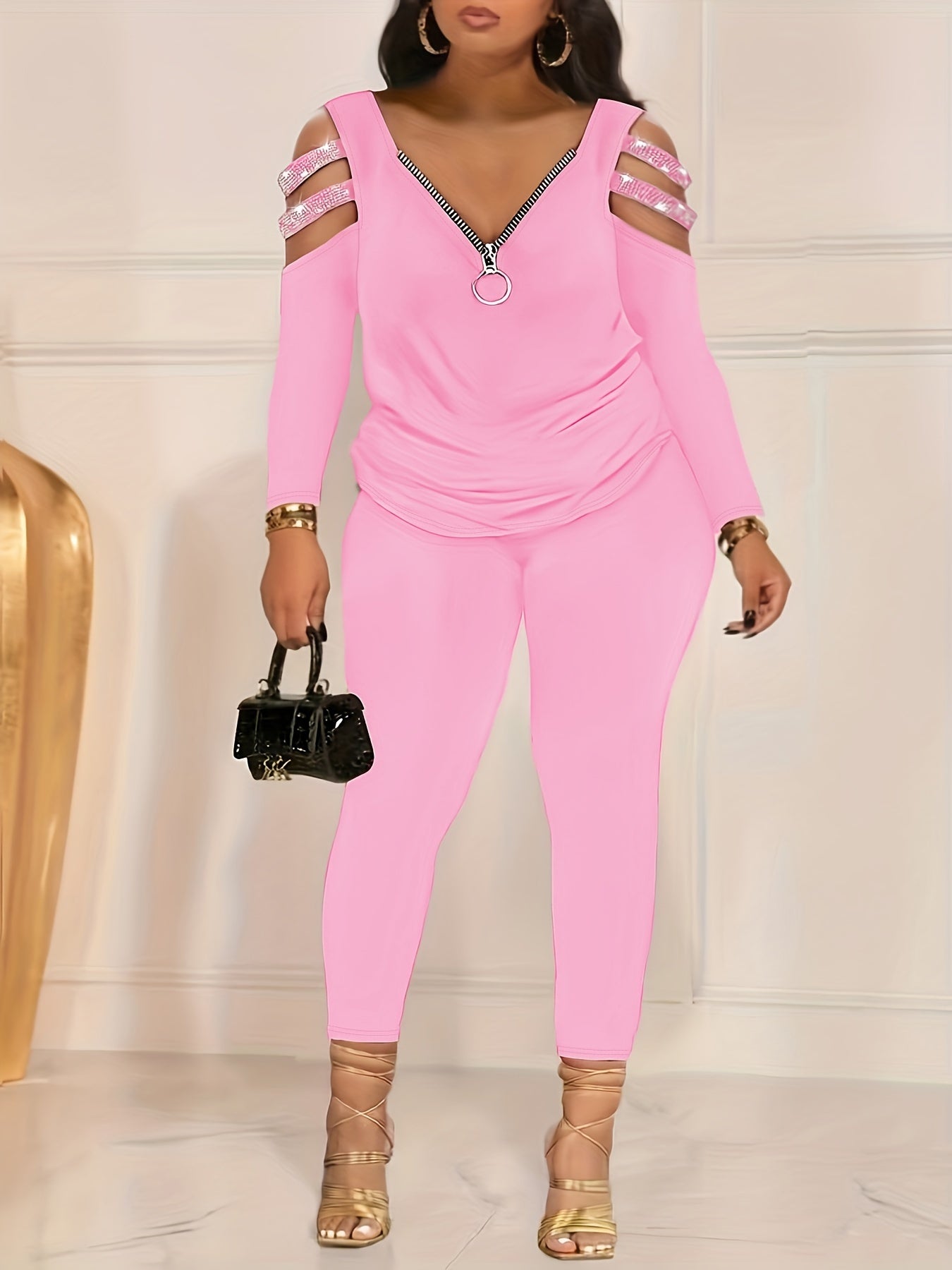 Colorblock Rhinestone Zipper Top & Leggings Set