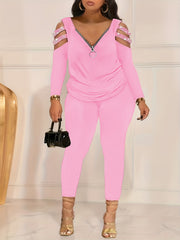 Colorblock Rhinestone Zipper Top & Leggings Set
