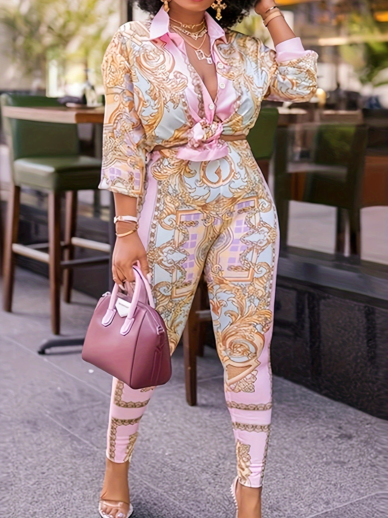 Boho 2 Piece Set: Baroque Print Blouse & Pants