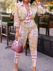 Boho 2 Piece Set: Baroque Print Blouse & Pants