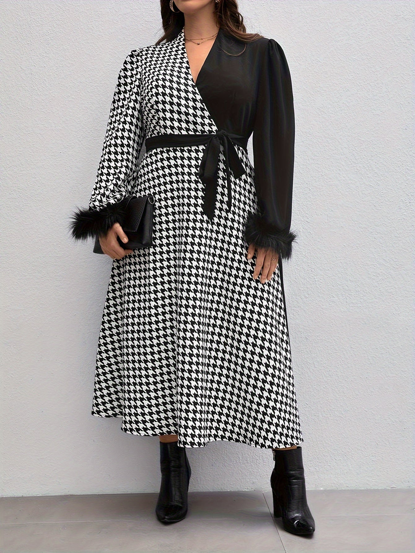 Colorblock Houndstooth Print Maxi Dress