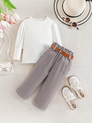 Girl's 2pcs Plaid Print Top & Belted Pants Set