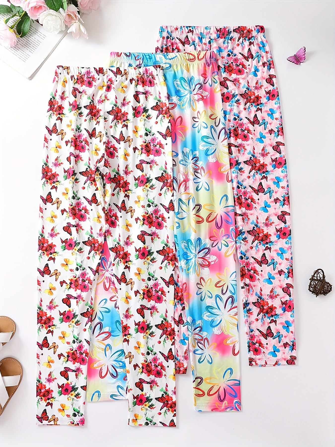 Girls Butterfly & Flowers Print Yoga Pants, Slim Fit Leggings