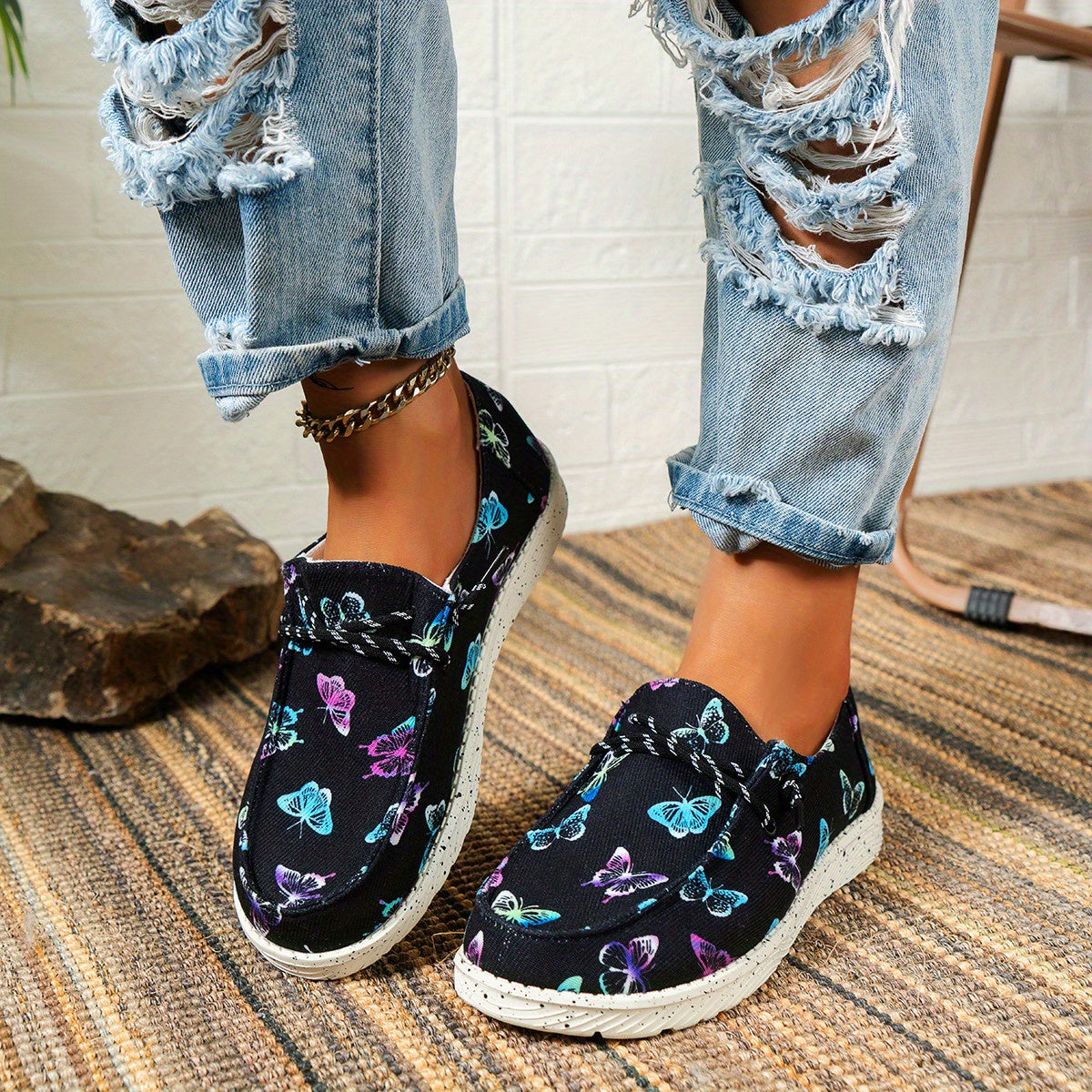 Women's Butterfly Print Canvas Shoes Casual Lace Up Outdoor Shoes