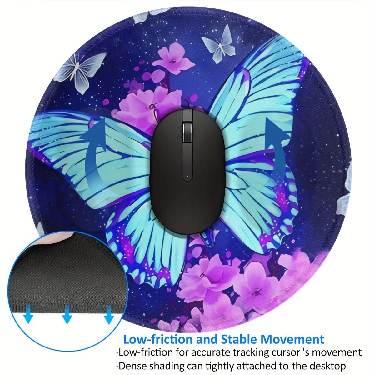 Butterfly Pattern Mouse Pad Round Mouse Mat Non Slip Rubber Base Mousepad