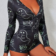 Halloween Ghost Print Pajama Romper Long Sleeve V Neck Buttons Pajamas
