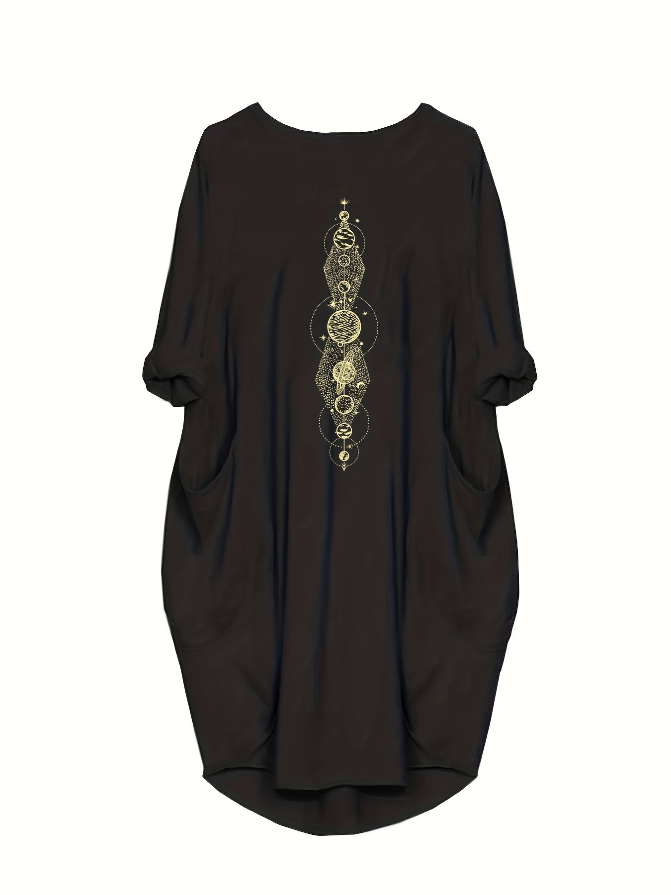 Women's Plus Moon & Sun Print Roll Up Sleeve Round Neck Dress