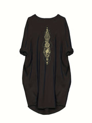 Women's Plus Moon & Sun Print Roll Up Sleeve Round Neck Dress
