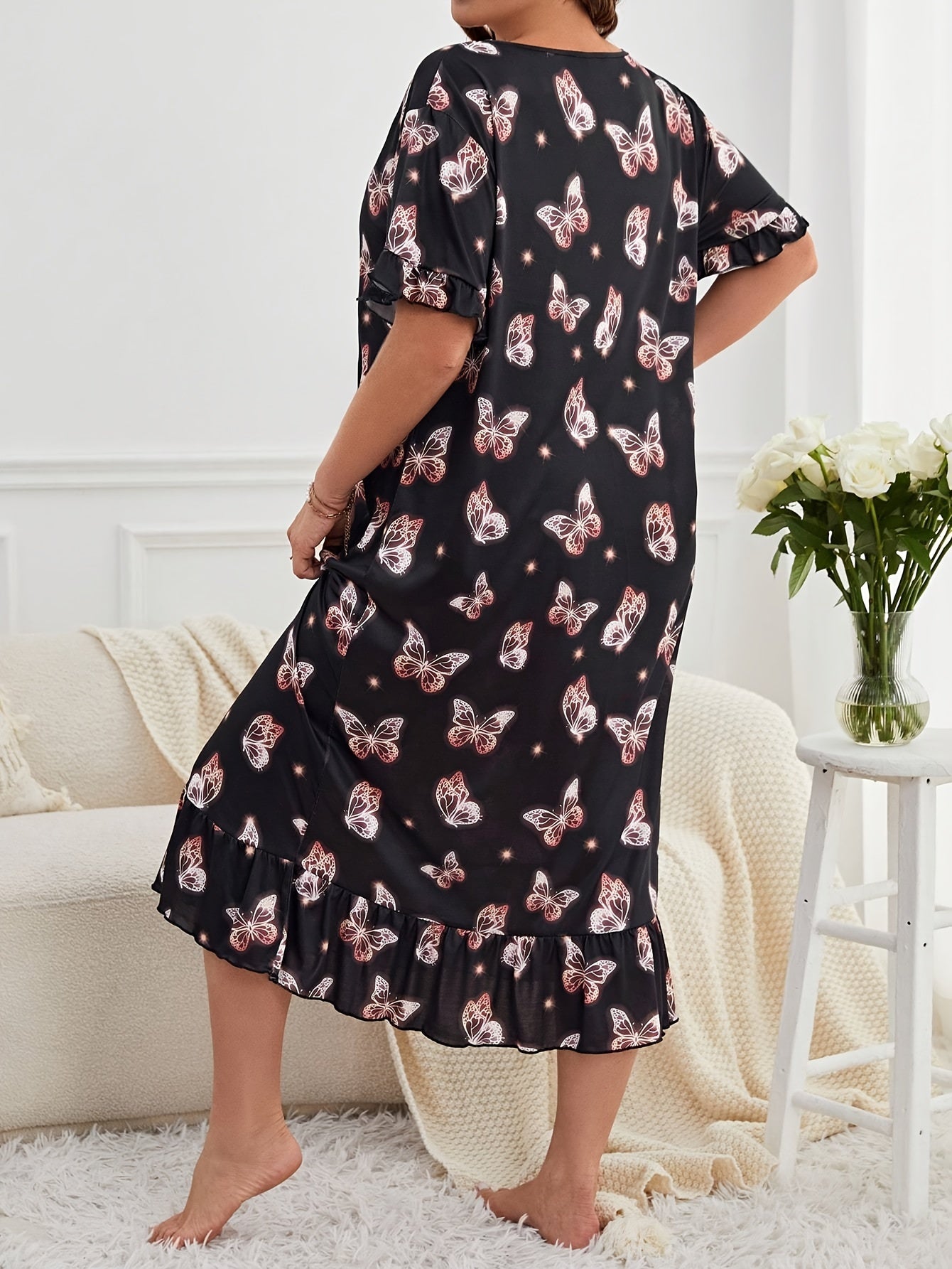 Nightdress Glitter Butterfly Print Short Sleeve Sleep Dress