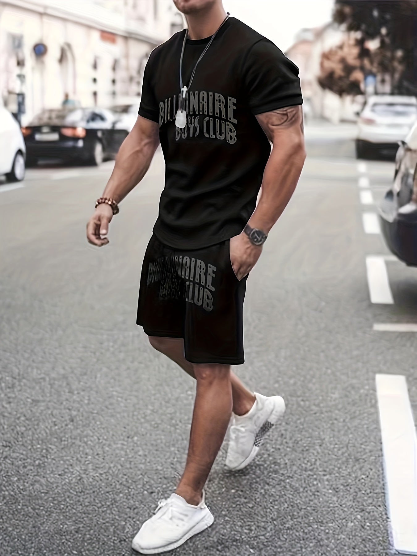 Men's Letter Print T shirt Active Shorts Set Fitness