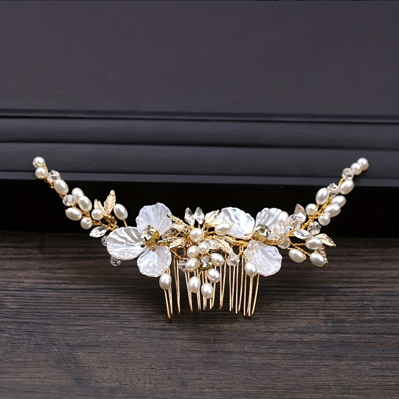 Faux Pearl Hair Comb Flower Hair Comb Golden Leaf Bridal Insert Comb