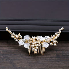 Faux Pearl Hair Comb Flower Hair Comb Golden Leaf Bridal Insert Comb