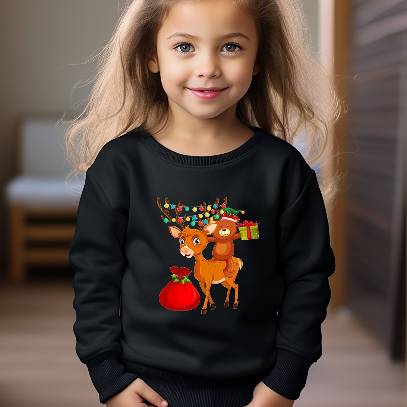 Christmas Reindeer And Bear Print Girls Sweatshirt