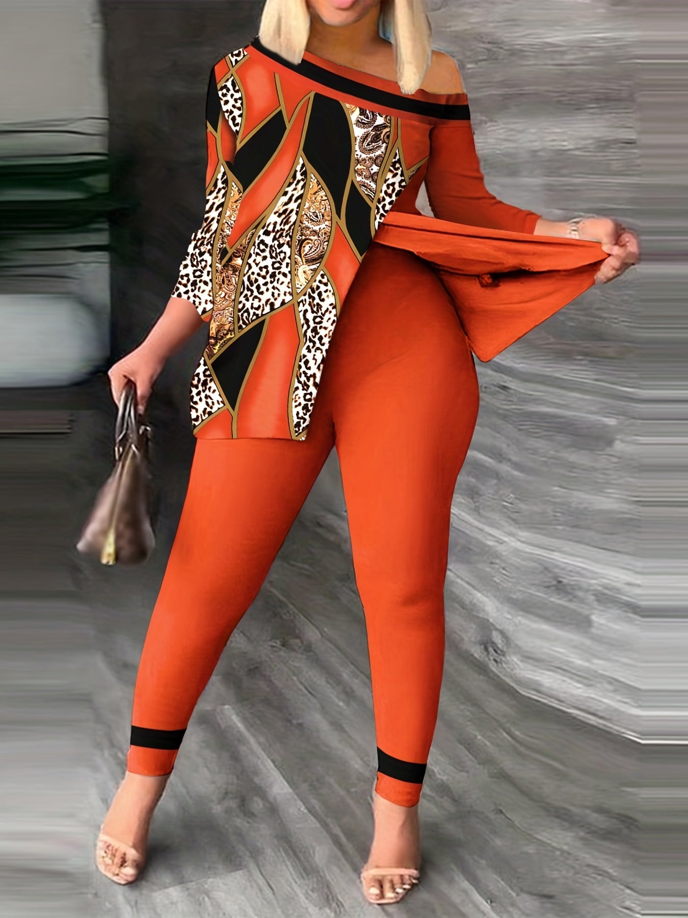 Leopard & Paisley One Shoulder Top & Leggings Set