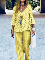 Leaf Print Bell Sleeve Top & Pants Set