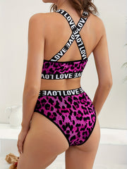 Leopard Bra Panties Criss Cross Back Bra Letter Print Panties