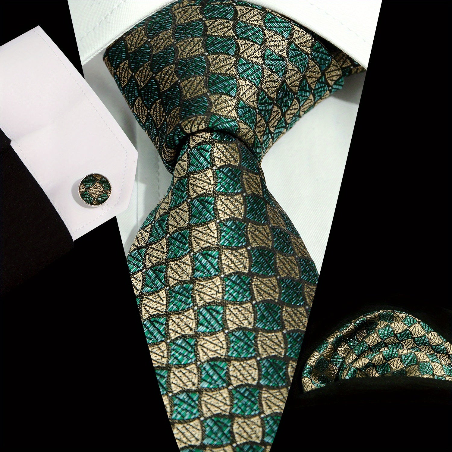 Men's Tie Set Plaid Striped Necktie Pocket Square Cufflinks Set