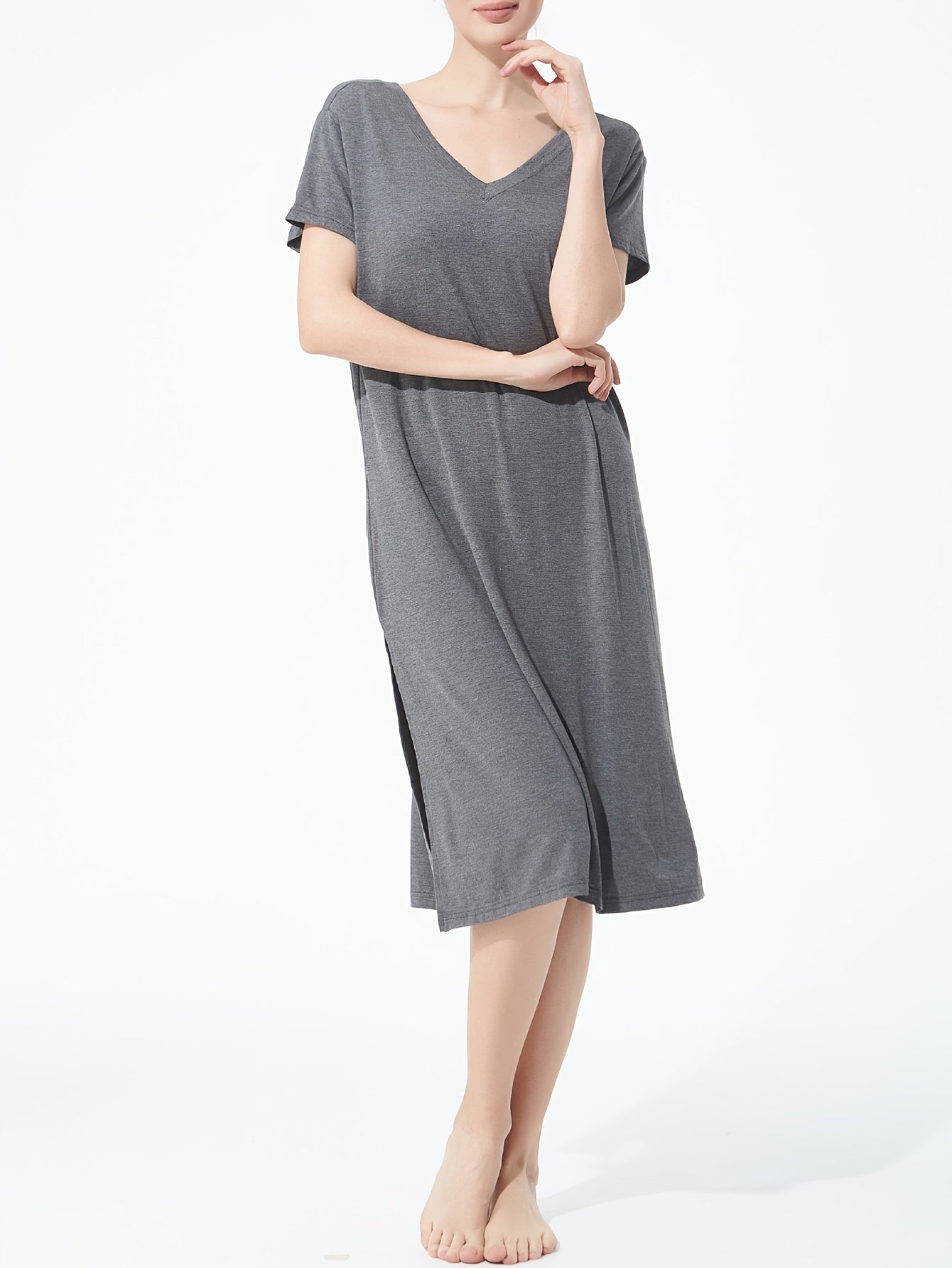 Loungewear Dress Women's Plus Solid Short Sleeve V Neck Medium Stretch
