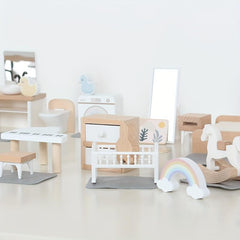 Wooden Furniture Set for Pretend Play - Kitchen, Bedroom & Bathroom Accessories