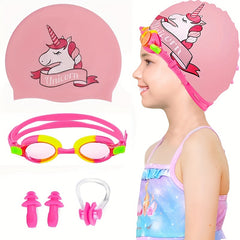 Pattern Silicone Swimming Caps with Earplugs & Nose Clips