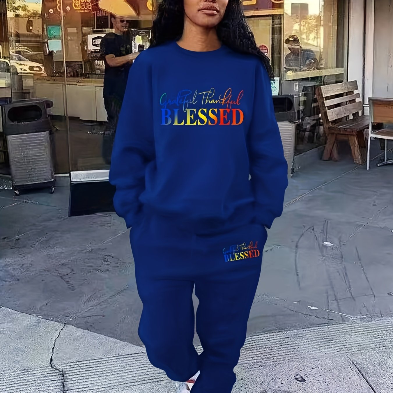 Blessed Letter Print Casual 2pc Set Long Sleeve Tops & Jogger Pants