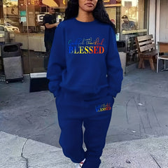 Blessed Letter Print Casual 2pc Set Long Sleeve Tops & Jogger Pants