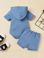 2pcs Baby Boys Little Man Hooded Onesie & Shorts Set