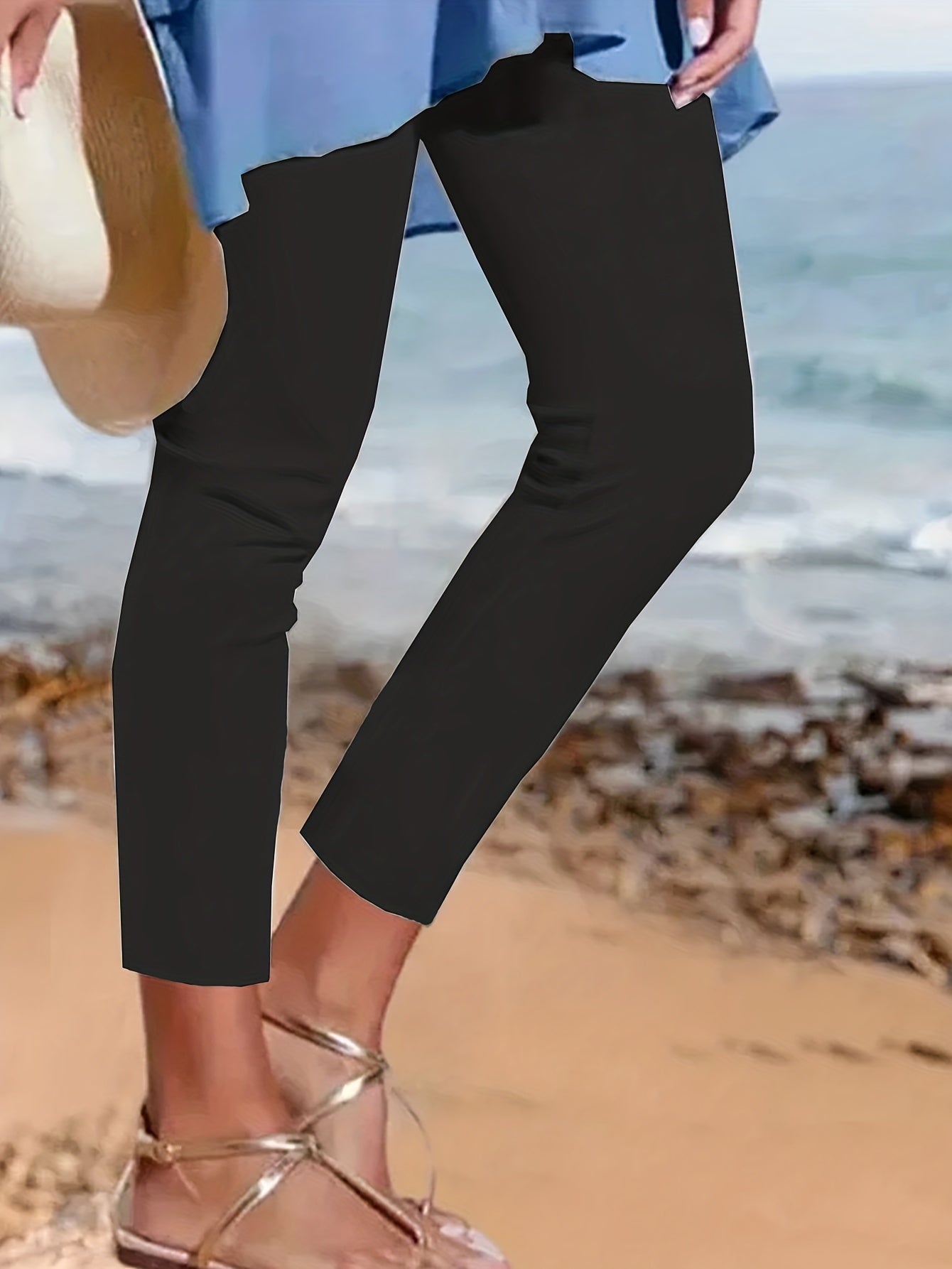 Solid High Waist Skinny Leggings Casual Stretchy Cropped Leggings