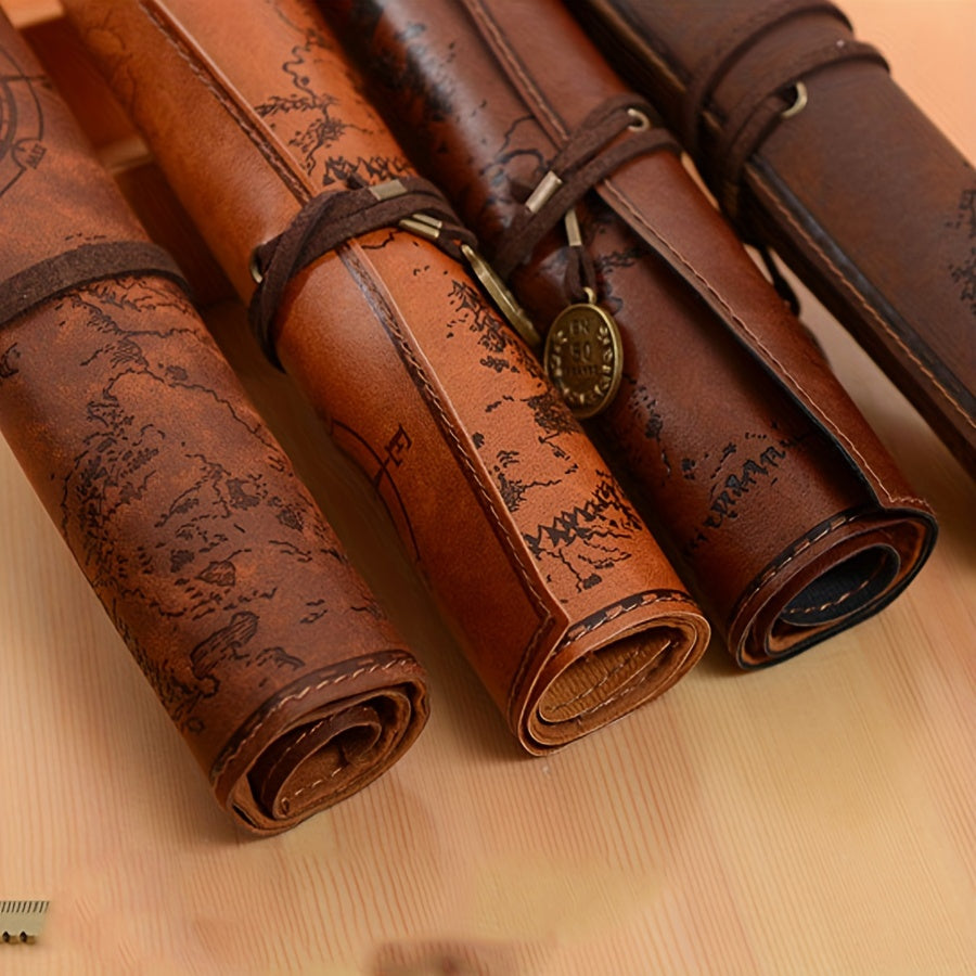 Retro Pencil Case Canvas Faux Leather Large Capacity Roll Pencil Bag