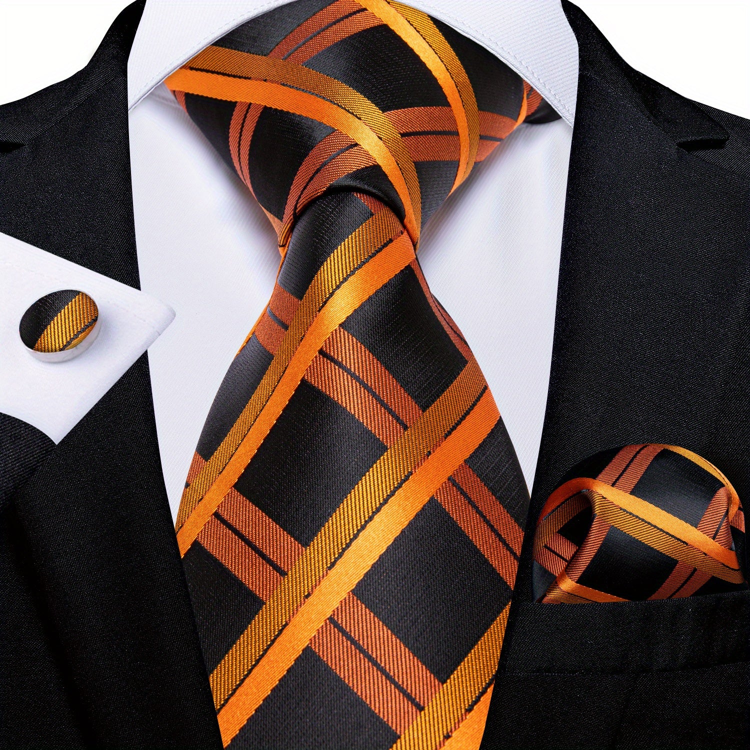 Men's Plaid Orange Silk Tie Set for Wedding Party