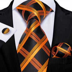 Men's Plaid Orange Silk Tie Set for Wedding Party
