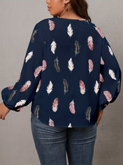 Feather Print Lantern Sleeve V Neck Casual Blouse
