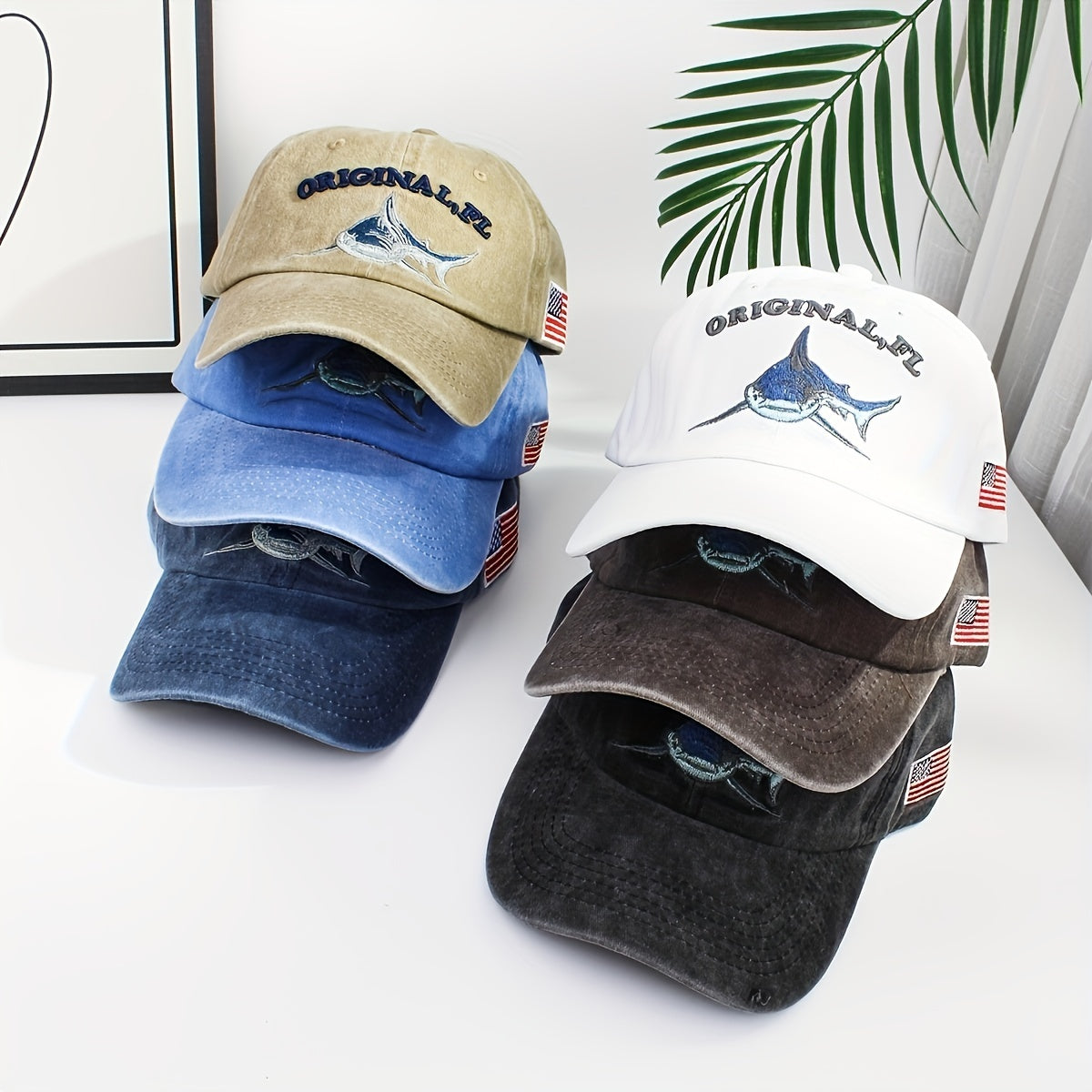 Shark Embroidery Baseball Cap Vintage Washed Adjustable Dad Hats