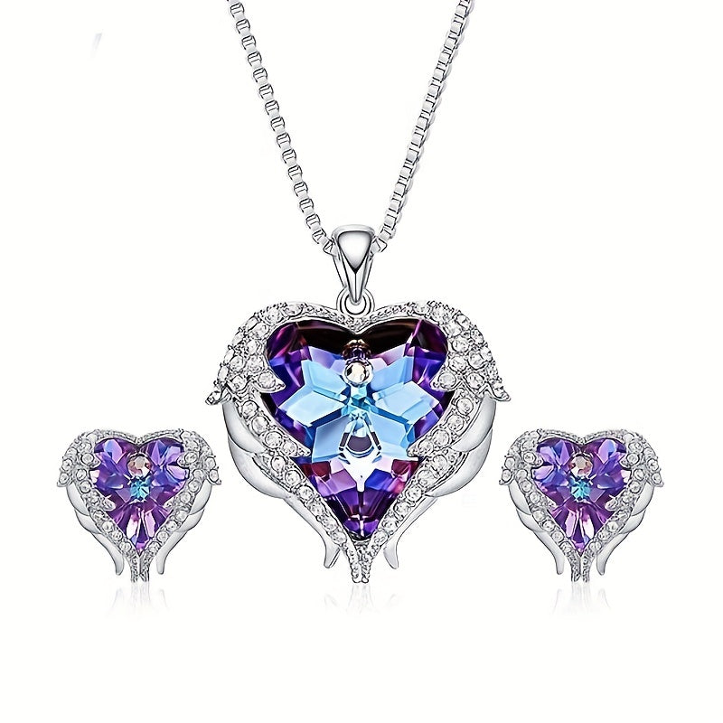 Heart Pendant Necklace & Earrings Set Wing Detail Rhinestone Decor