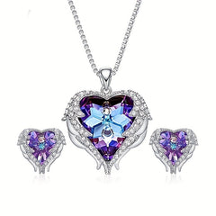 Heart Pendant Necklace & Earrings Set Wing Detail Rhinestone Decor