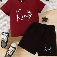 Boys King Crown Print Casual Outfit Round Neck T shirt & Shorts